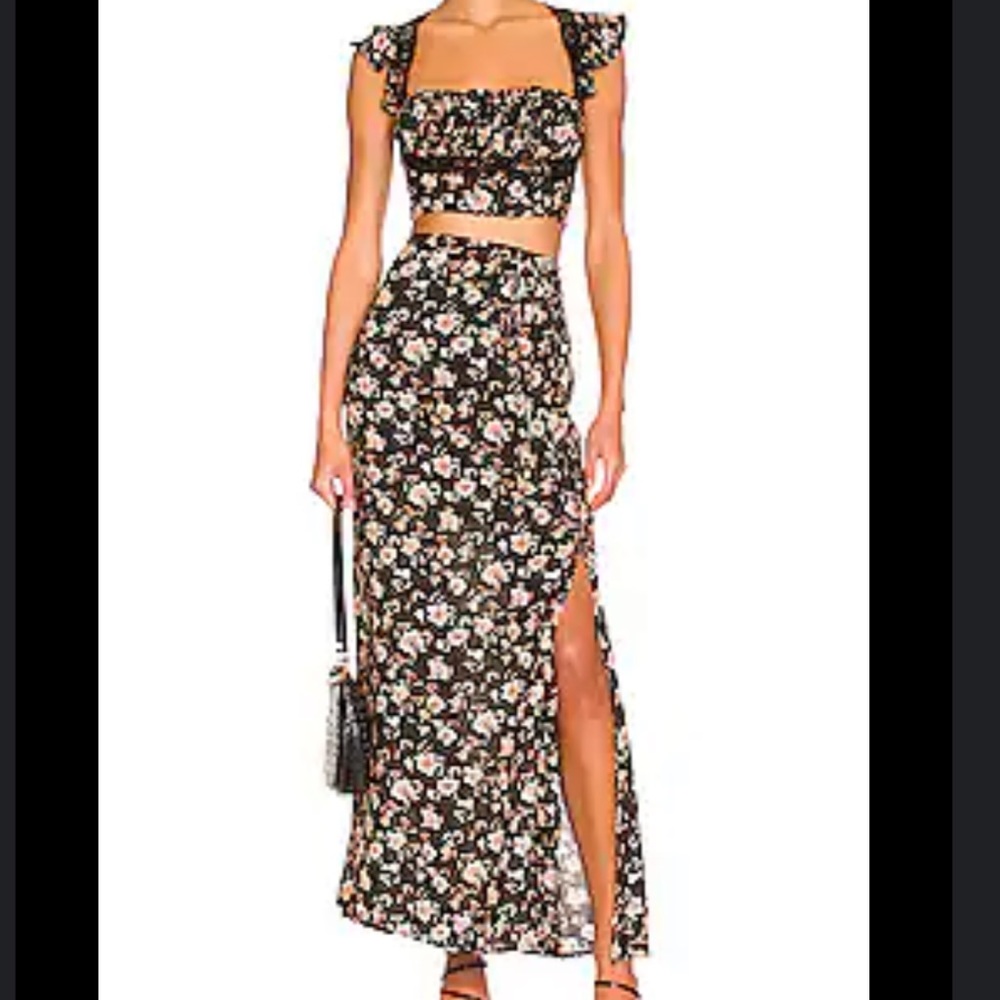 Free People Floral Black Side-Slit Maxi Skirt